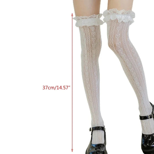 Women Lolita Fishnet Thigh High Socks Japanese Style Heart Striped Lace Patterned Over Knee Long Stockings Ruffled Frilly Kawaii SS69
