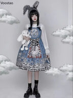 Vintage Gothic Lolita Style Slip Dress Women Harajuku Y2k Sleeveless Dark Bunny Print Party Dresses Girly Kawaii Bow Vestidos
