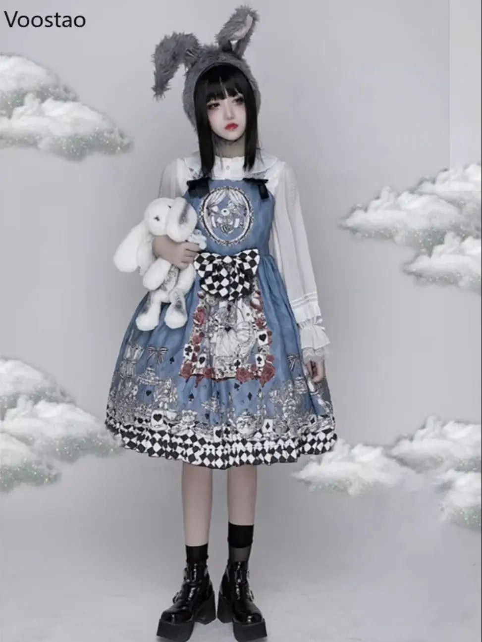 Vintage Gothic Lolita Style Slip Dress Women Harajuku Y2k Sleeveless Dark Bunny Print Party Dresses Girly Kawaii Bow Vestidos
