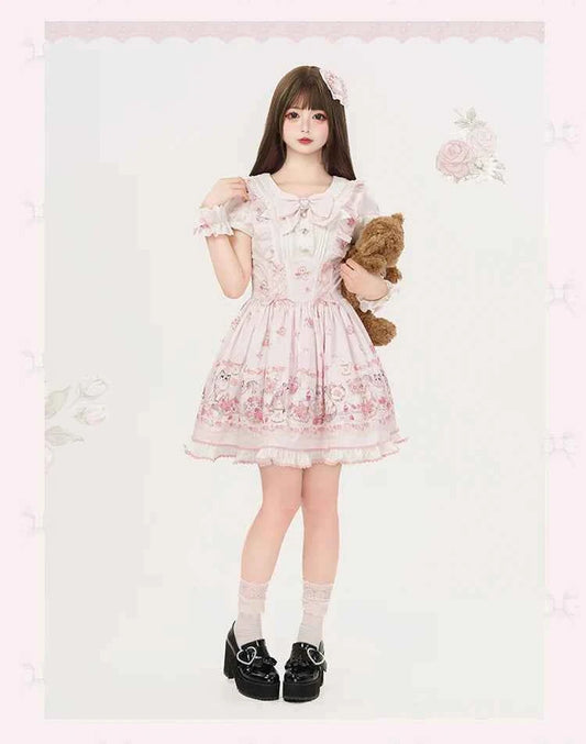 Original New Spring Summer Cute Print Short-sleeved Lolita OP Dress Japanese Sweet Girl Mass-produced Kawaii Bow Short Dresses