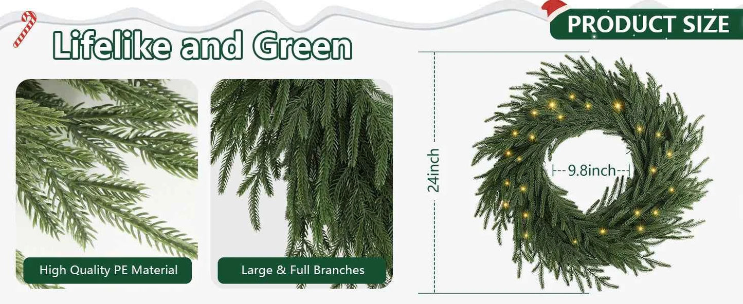 Norfolk Pine Holiday Wreath with LED Lights & Ribbon  24 Inch Battery Powered Front Door Decoration