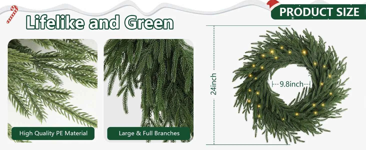 Norfolk Pine Holiday Wreath with LED Lights & Ribbon  24 Inch Battery Powered Front Door Decoration
