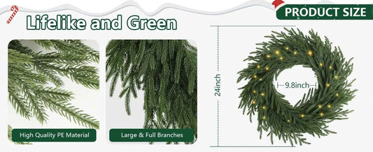 Norfolk Pine Holiday Wreath with LED Lights & Ribbon  24 Inch Battery Powered Front Door Decoration