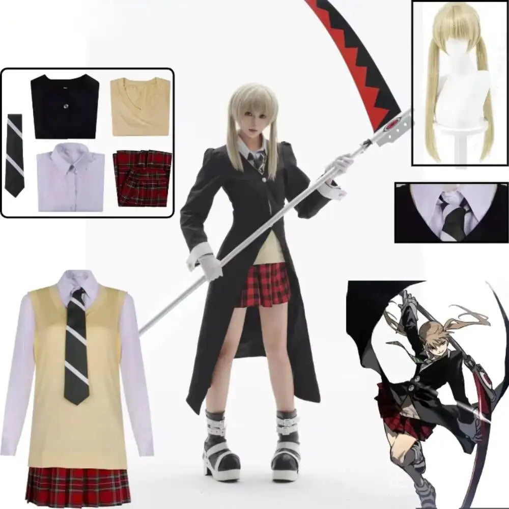Maka Albarn Cosplay Costume Soul Eater MAKA Black Coat Combat Outfit Dress JK Sailor Uniform Shirt Wig Set For Women Comic Con