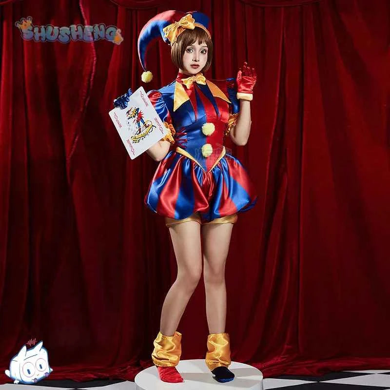 Adult  Digital Circus Cosplay Costumes Pomni Cosplay Masks Set Hat Jumpsuit Cartoon Christmas Halloween Party Cute Clown wig set