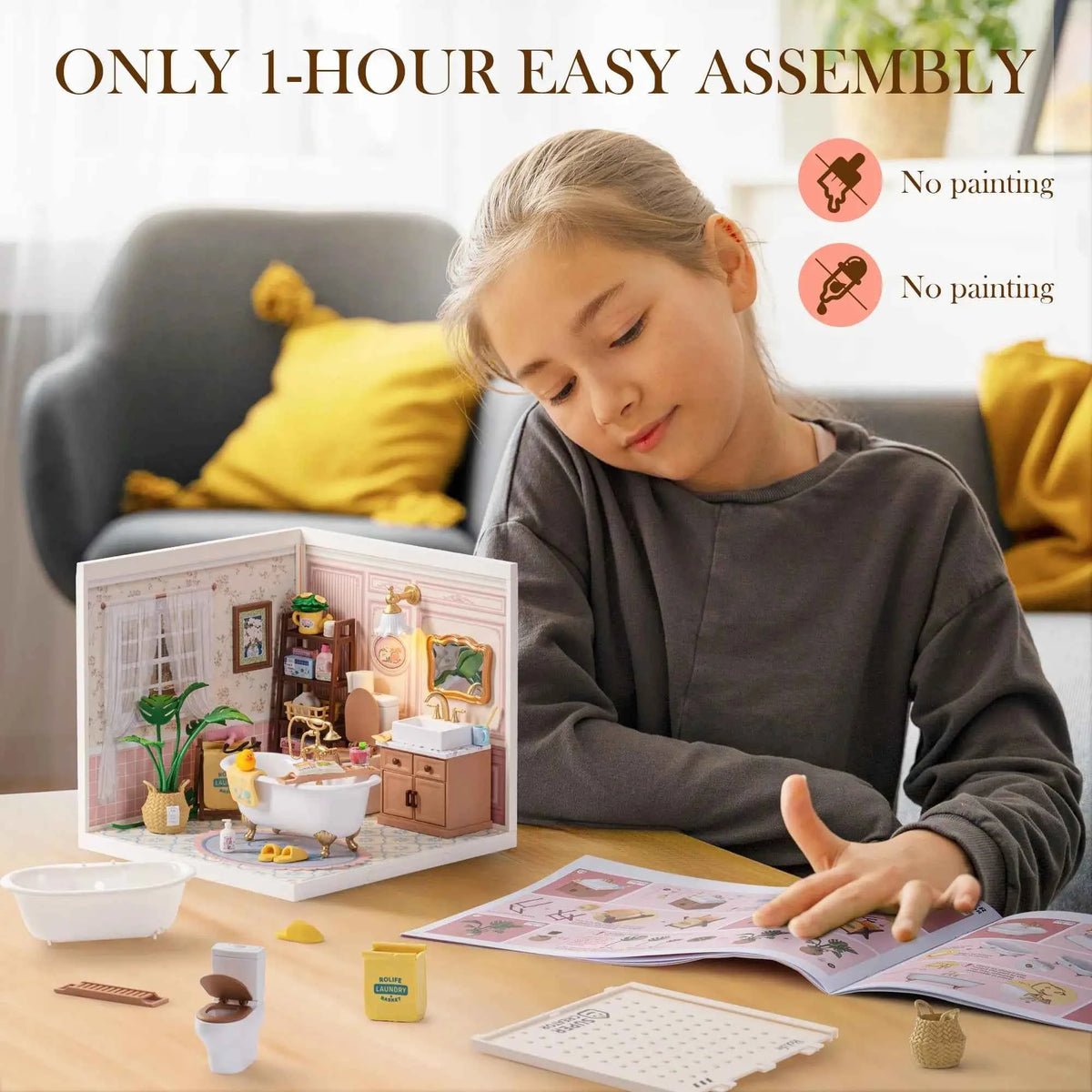 ROBOTIME DIY Miniature House Kit, Dollhouse Model Building Kit Birthday Creative Gifts for Adults, Kids (Pop Bubble Bathroom)