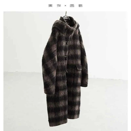 Plaid Coat~ Retro Style Horn Button Mid-Length Coat Women's Alpaca Wool Coat 2025 Winter British Style