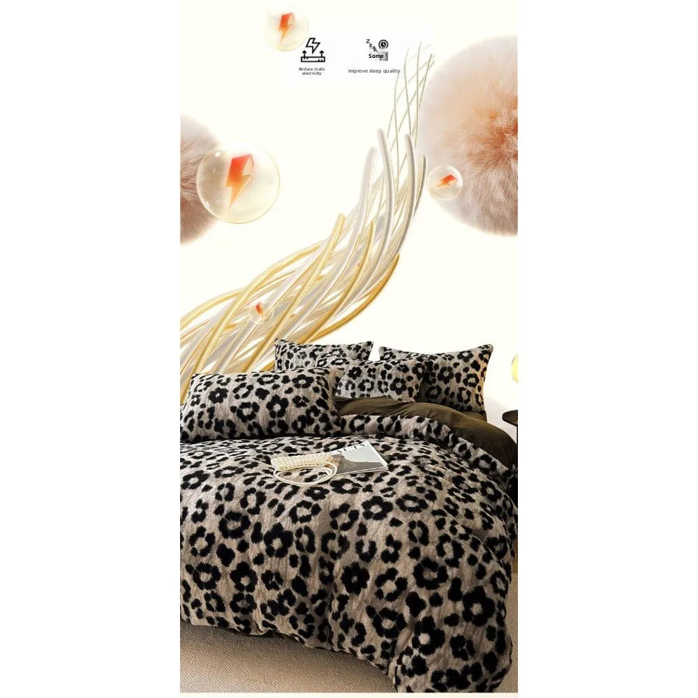 Leopard Print Plush Quilt Cover Set - Warm Coral Fleece
