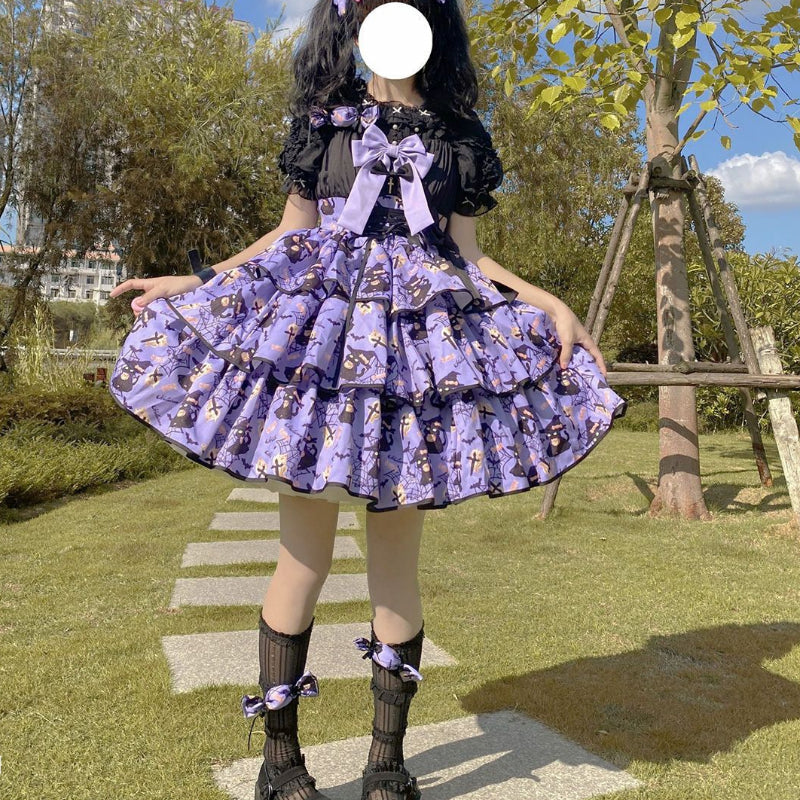 Victorian Sweet Black Pink Lolita Dress Women Kawaii Elegant Luxury Y2k Chic Retro Gothic Dresses Girls Witch Pattern Midi Dress SS69