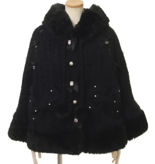 Godivana Lolita Faux Rabbit Fur Cape Coat with Rhinestone Bow and Hood