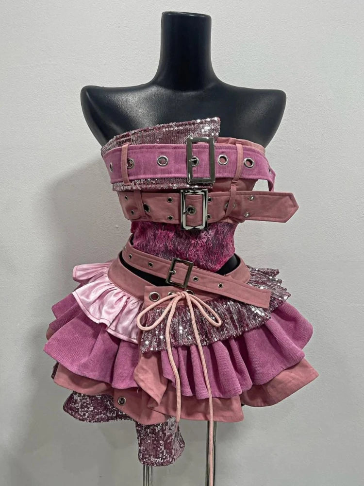 2000s Aesthetic Punk Style Women New 2 Piece Set Sexy Strapless Tops + High Waist Skirt Female Retro Chic Korean Popular Clothes