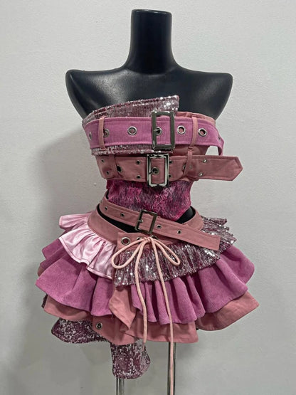 2000s Aesthetic Punk Style Women New 2 Piece Set Sexy Strapless Tops + High Waist Skirt Female Retro Chic Korean Popular Clothes