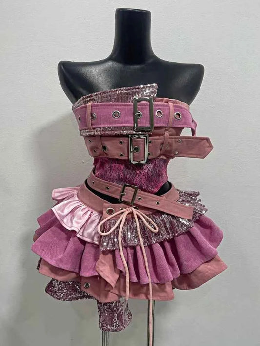 2000s Aesthetic Punk Style Women New 2 Piece Set Sexy Strapless Tops + High Waist Skirt Female Retro Chic Korean Popular Clothes