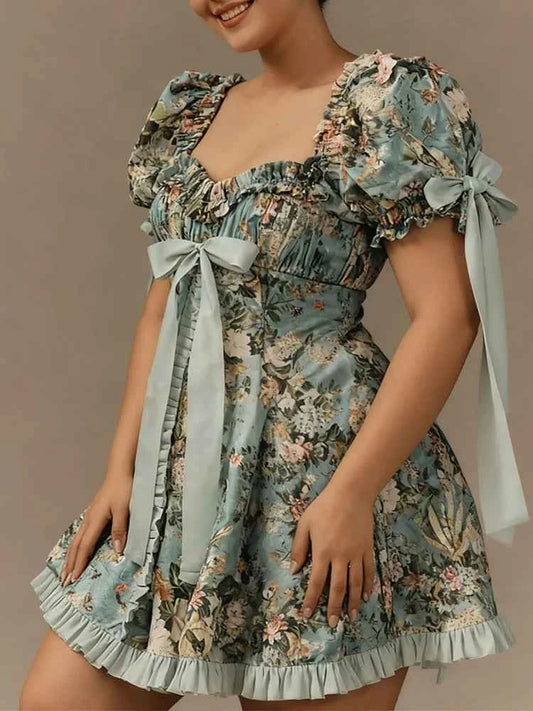 New Plus Size Women's Lace Square Collar Mini Dress With Floral Print Lantern Short Sleeves Dress Party Elegant Evening Dresses