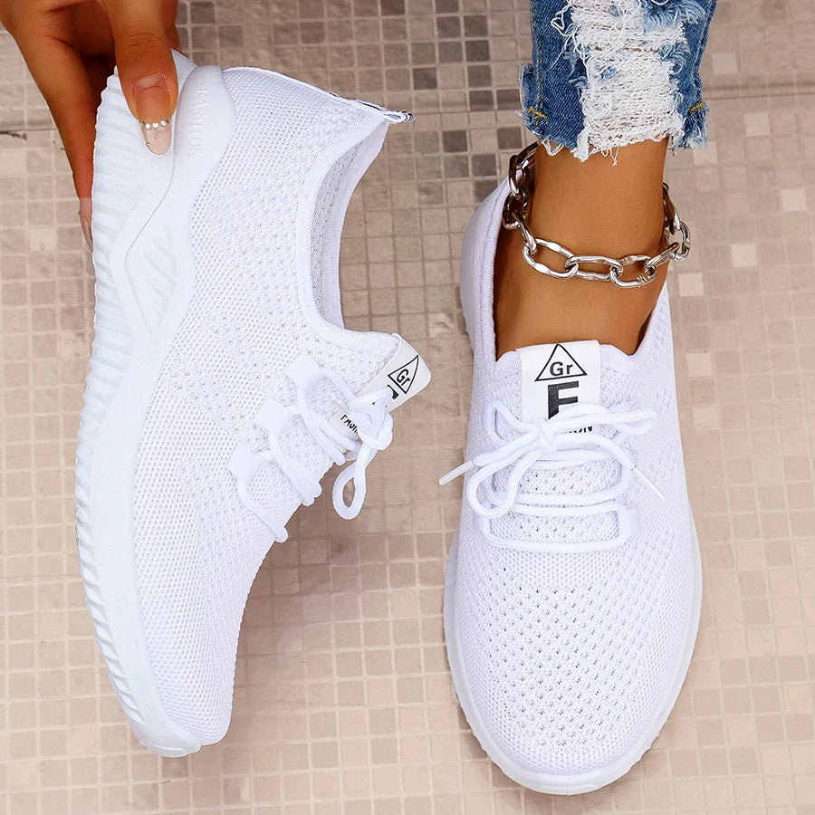 Women's White Slip-On Casual Sneakers - Breathable Fabric Upper & Lining, Elastic Side Panels for Easy Wear