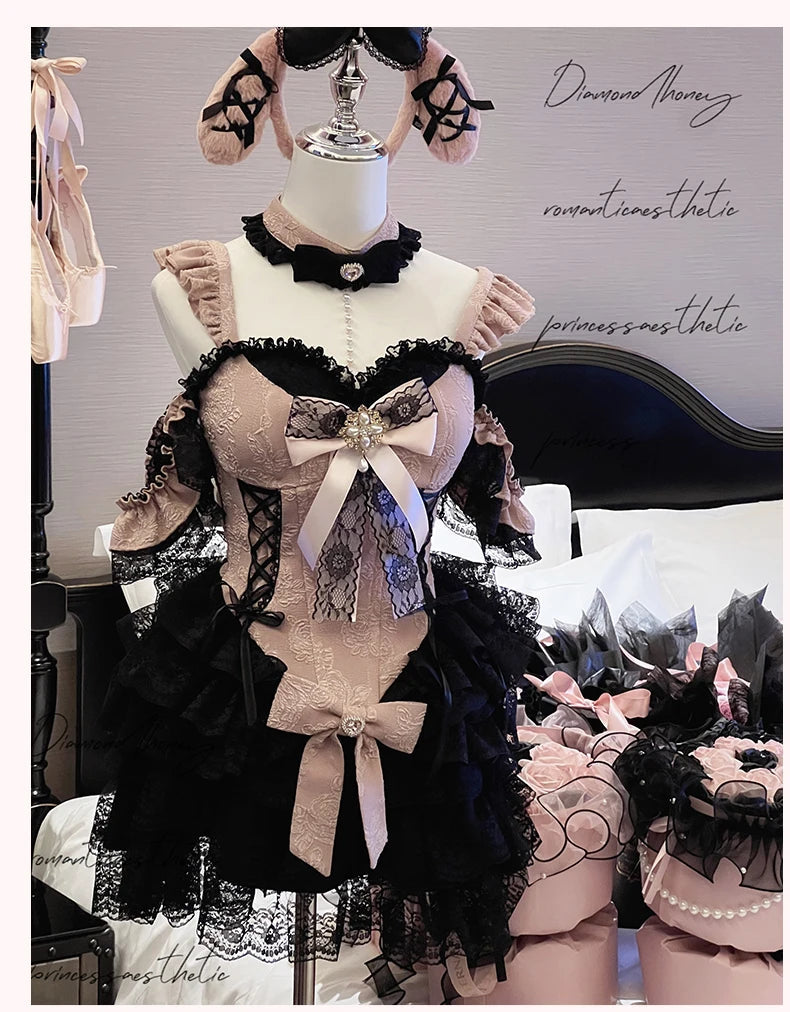 2024 New Spring Summer Ladies Exquisite Lace Skirt Suit Lolita Sweet Womens Black Pink Bow Tube Top Sling Short Cake Skirt Set SS69