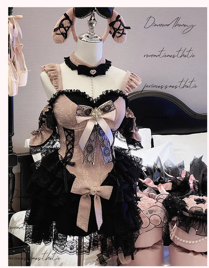 2024 New Spring Summer Ladies Exquisite Lace Skirt Suit Lolita Sweet Womens Black Pink Bow Tube Top Sling Short Cake Skirt Set SS69