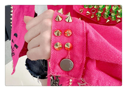 Women Graffiti Printed Rivets Denim Jacket Loose Holes Diamonds Jeans Coat Sequined Cowboy Ripped Streetwear Cardigan Ins Tops SS69