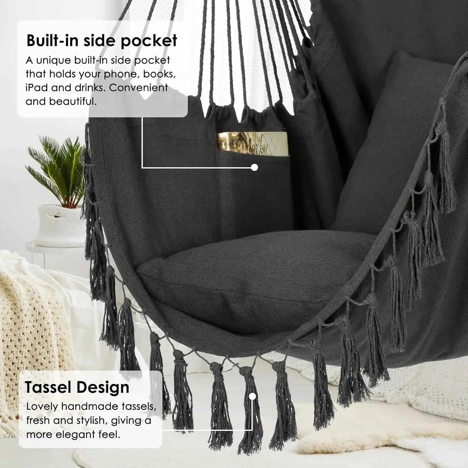 Macrame Hanging Chair with 2 Pillows | 500lb Capacity Cotton Rope Swing | Pocket Design Indoor/Outdoor Use