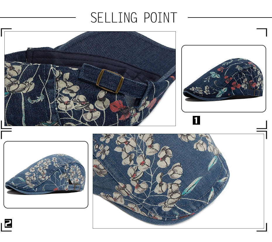 Vintage Floral Print Cotton Beret Hat - Adjustable Newsboy Cap