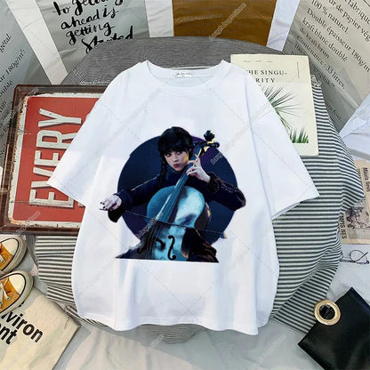 Wednesday Addams Women Casual T-shirt Summer Adult Cartoon Printed Tee Tops Girls Round Neck Clothing Short Sleeve Fashion Gifts SS69