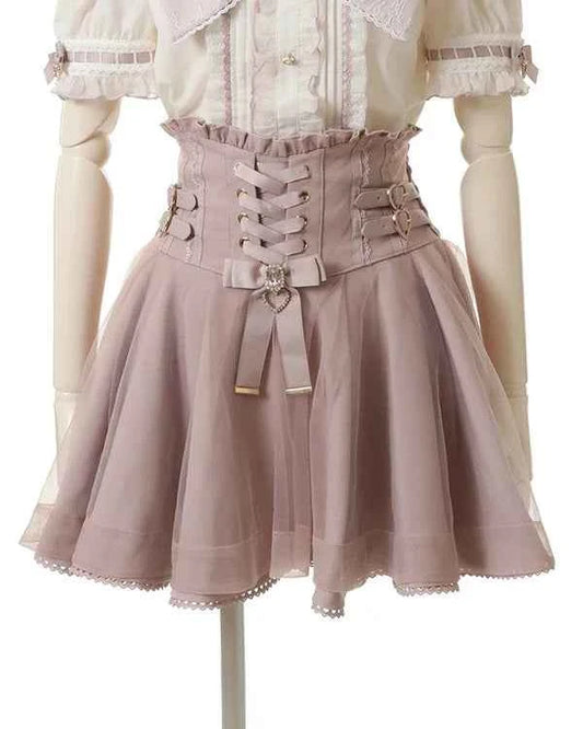 Japanese Liz New Spring Lace Edge Leather Ring High Waist Pleated Skirt Ribbon Bow Short Plaid Skirts Big Bow Lolita Blouses