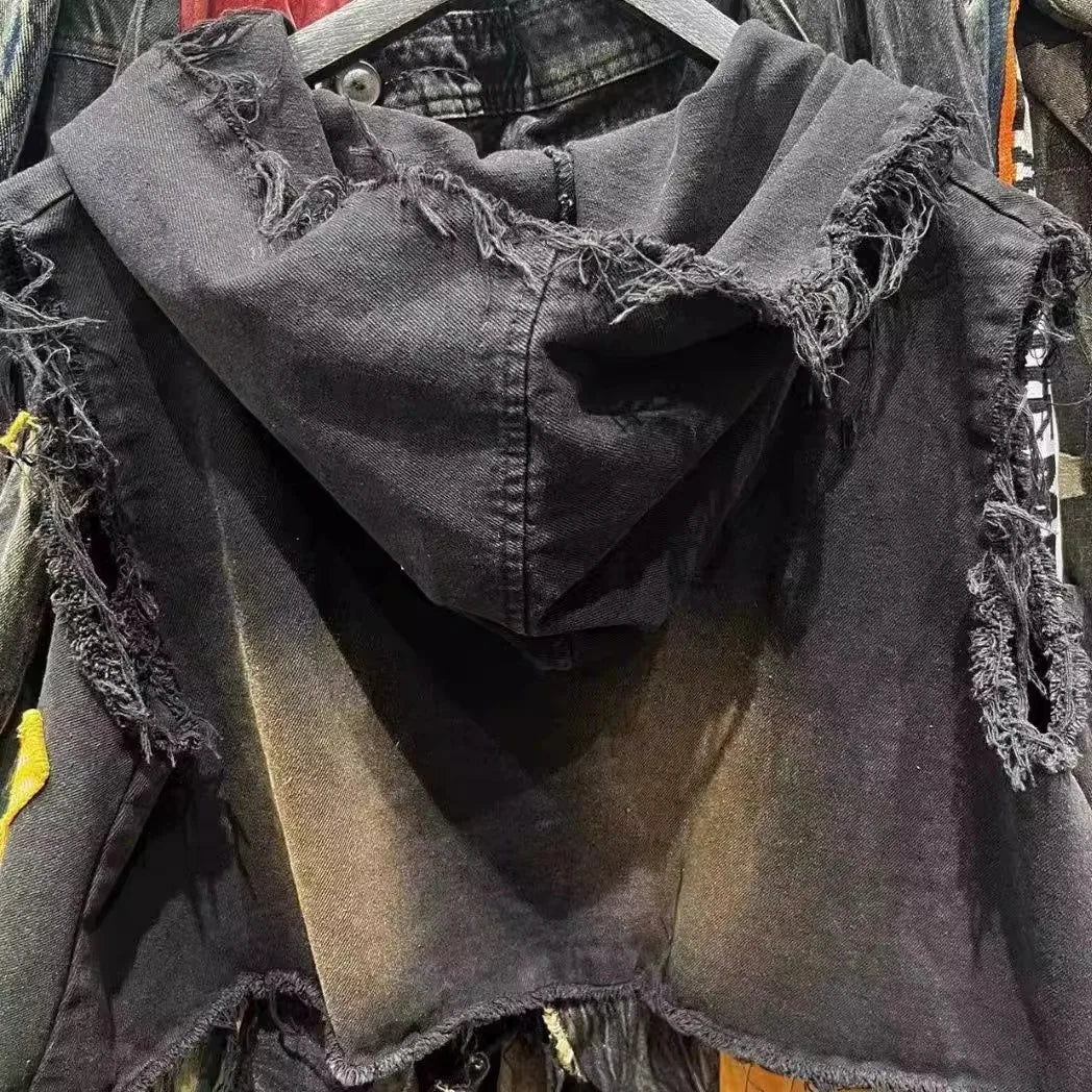 American retro old wash jeans vest women's fashion high-end stitching hole design short sleeveless hooded patch coat jacket. SS69