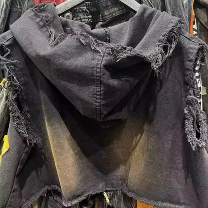 American retro old wash jeans vest women's fashion high-end stitching hole design short sleeveless hooded patch coat jacket. SS69