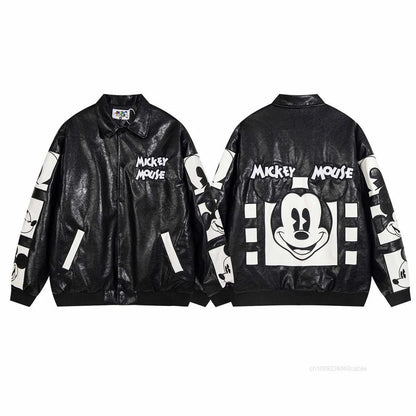 Disney American Cartoon Mickey Embroidery Leather Jacket Men Women Autumn Winter Loose Casual Jacket Fashion Trend Couples Coat SS69