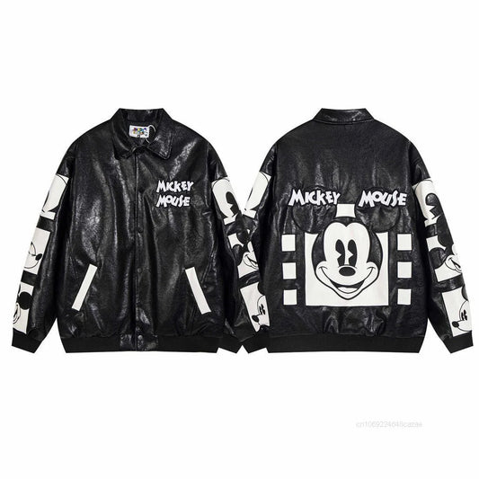 Disney American Cartoon Mickey Embroidery Leather Jacket Men Women Autumn Winter Loose Casual Jacket Fashion Trend Couples Coat SS69
