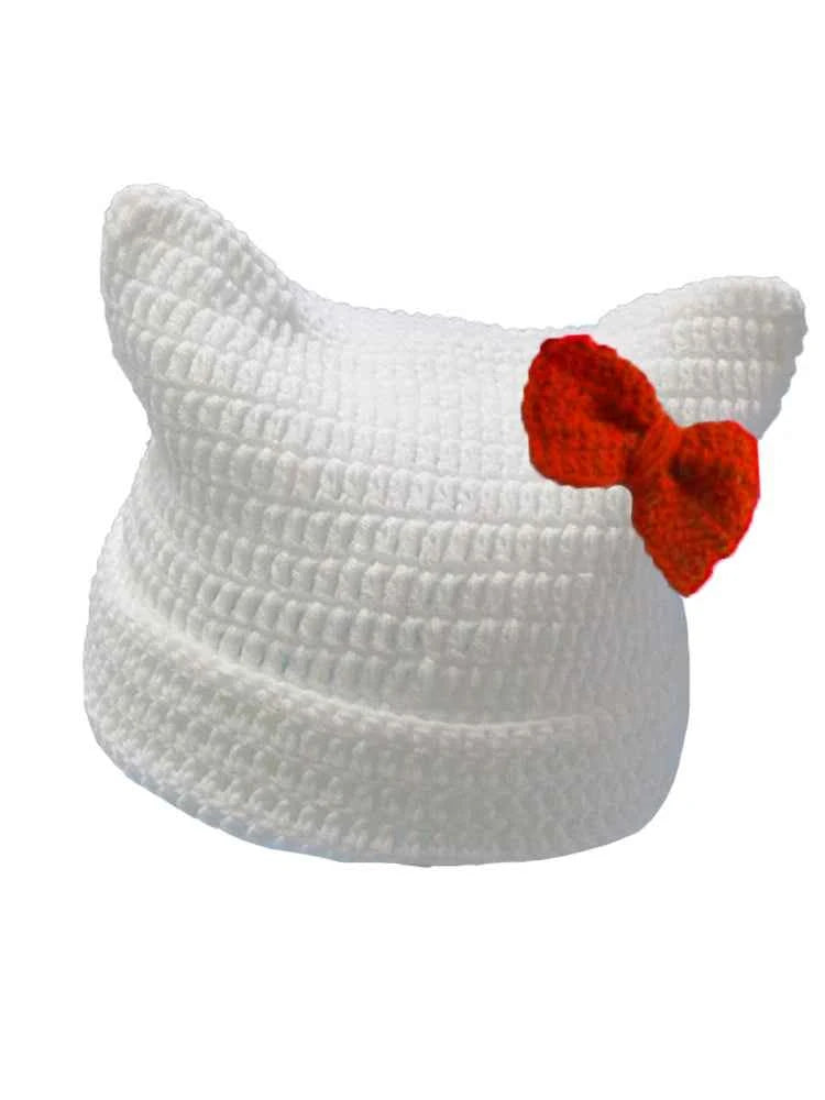 2025 New Hand-Knitted Bow Cat Ear Hooded Cap For Winter Men And Women, Striped Hollowed-Out Knitted Cap, K2y Street Style