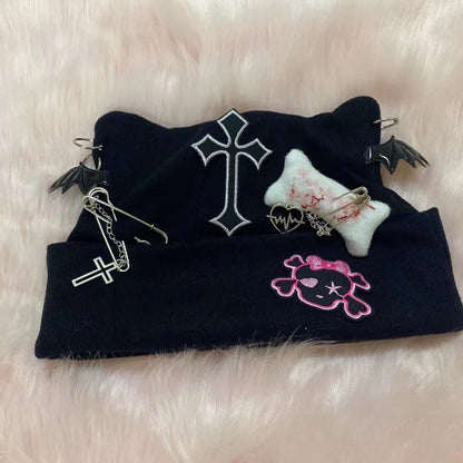 Gothic Punk Cat Ear Hat Cross Skeleton Knitted Black Y2K Girl Subculture Cute Lace Net Hat Chinese Brand None( AE Stock) SS69