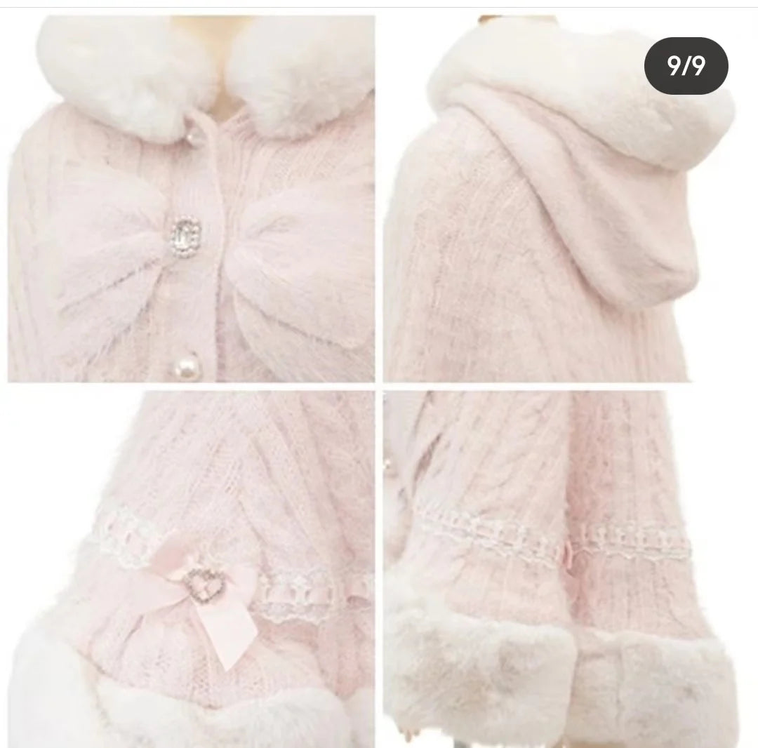 Godivana Lolita Faux Fur Cape Coat with Bow & Rhinestones