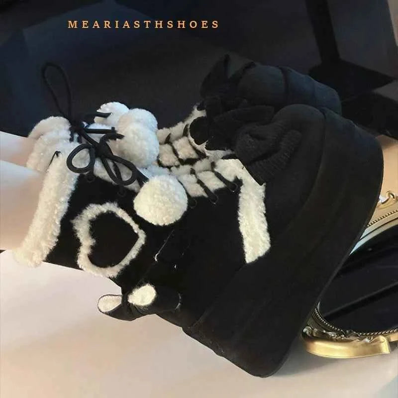 pink Sweet Winter Girls Lolita Mid-Calf Snow Boots,Cute Female Students Plush Warm Bowknots Lace Up Wedge Heel Heightening Shoes