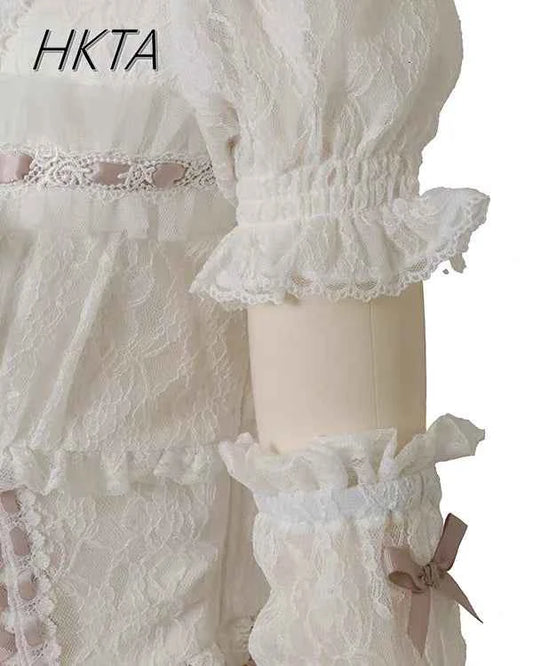 Japanese Sweet Heavy Industry Splicing Sleeve Strap Lace Bow Lace Shirt Summer Autumn New Elastic Slim Long-sleeve Tshirt Top