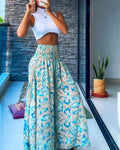 Women's High Waist Printed Wide-Leg Pants Ruched Design - Beach Vacation Casual & Commute Fashion Slim Fit Outfits