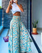 Women's High Waist Printed Wide-Leg Pants Ruched Design - Beach Vacation Casual & Commute Fashion Slim Fit Outfits
