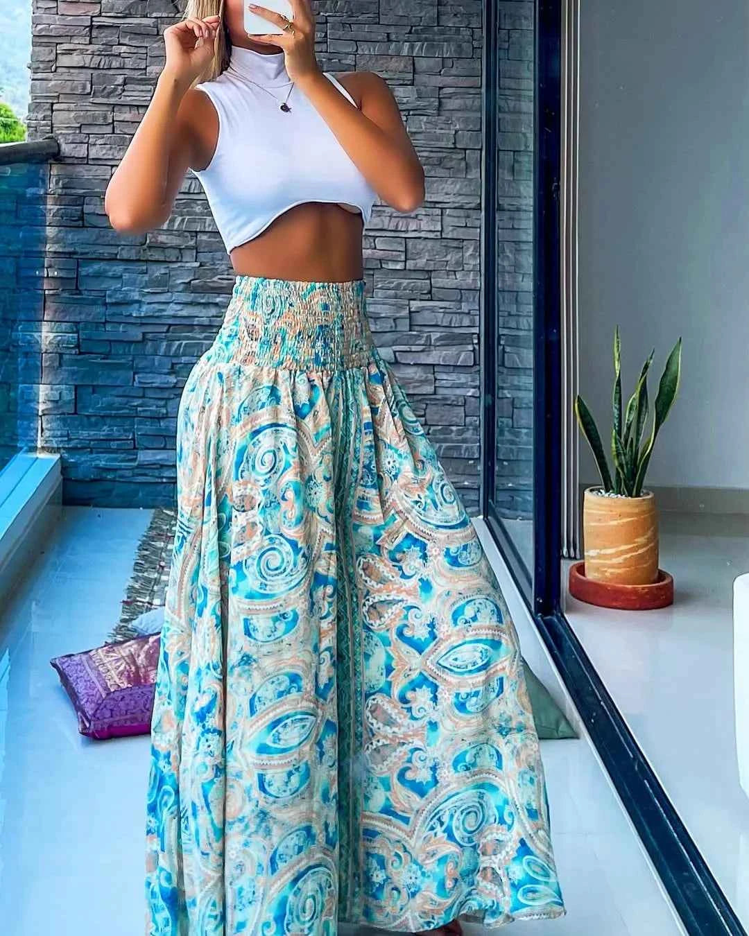 Women's High Waist Printed Wide-Leg Pants Ruched Design - Beach Vacation Casual & Commute Fashion Slim Fit Outfits