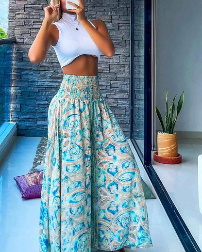 Women's High Waist Printed Wide-Leg Pants Ruched Design - Beach Vacation Casual & Commute Fashion Slim Fit Outfits