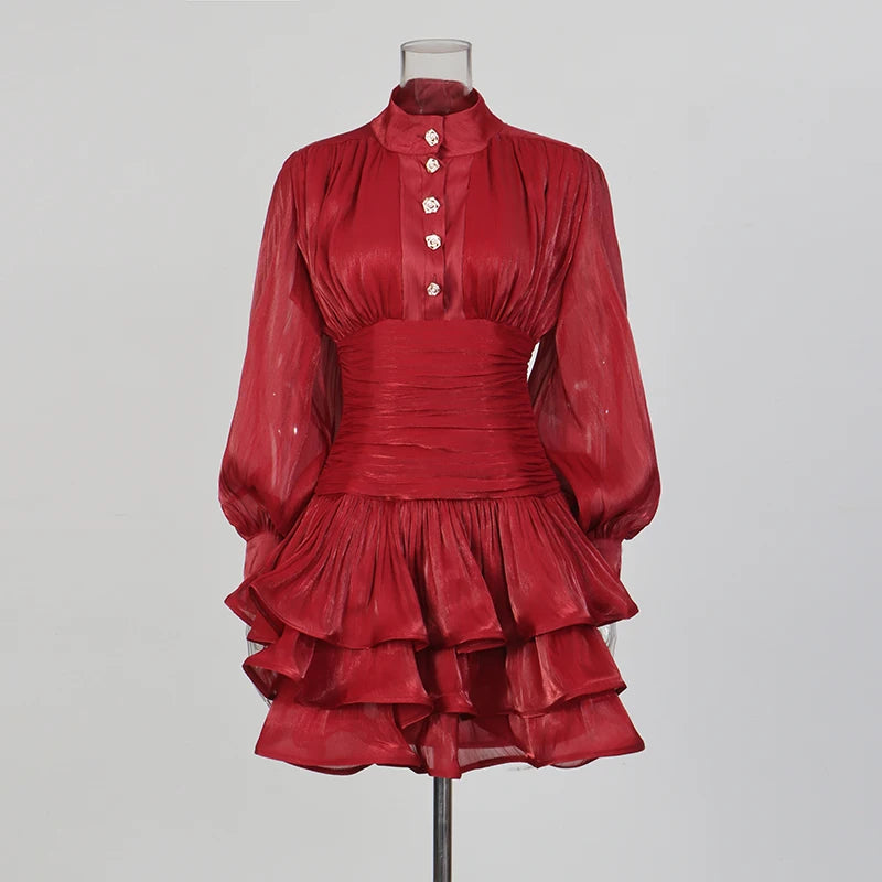 TWOTWINSTYLE Solid Spliced Ruffles Dress Female Stand Collar Long Sleeve Loose French Elegant Women's Dresses Autumn Fashion New