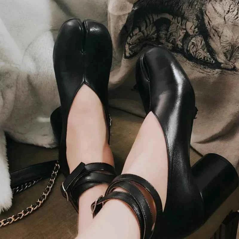 Split Toe Ninja Tabi Pumps Women Ankle Strap Buckle Round Heel High Heels Party Shoes Women zapatos de mujer chaussure femme