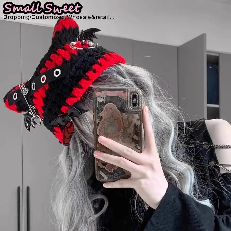 Gothic Devil Cat Ear Beanie Hat - Striped Knit Winter Hat
