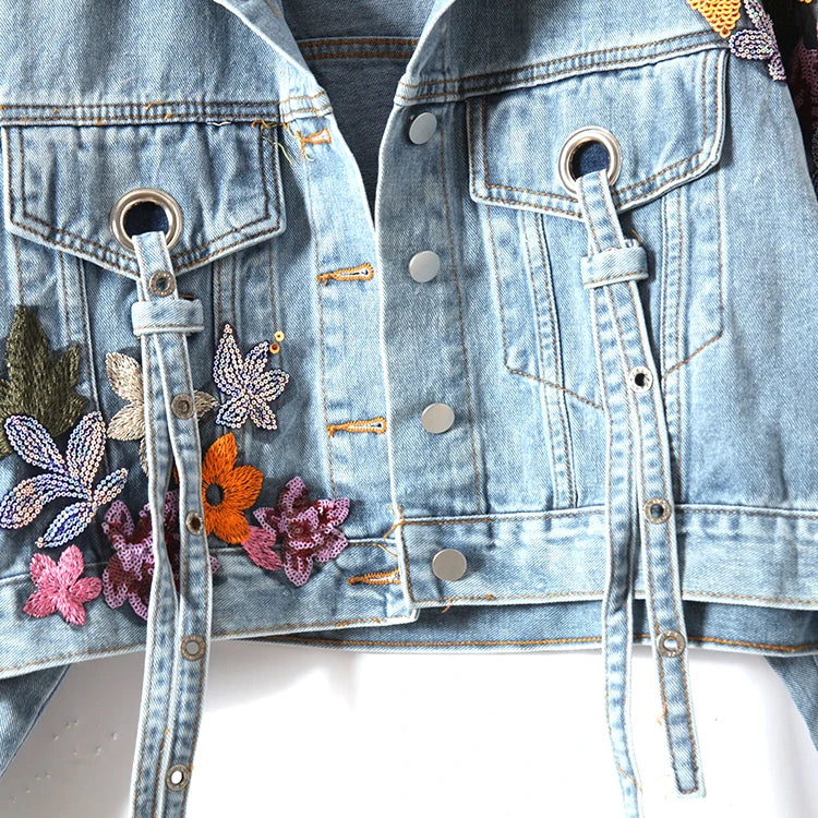 Women Flowers Embroidered Sequined Denim Jacket Spring Autumn Floral Beading Jeans Coat Ribbons Cowboy Cardigan Tops Chaquetas SS69
