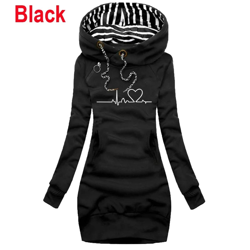 Winter New Fashion Women Long Sleeve Hoodie Dress with Pockets Solid Color Slim Fit Pullover Hoodies Sweatshirt Dress SS69 12.69 black / S