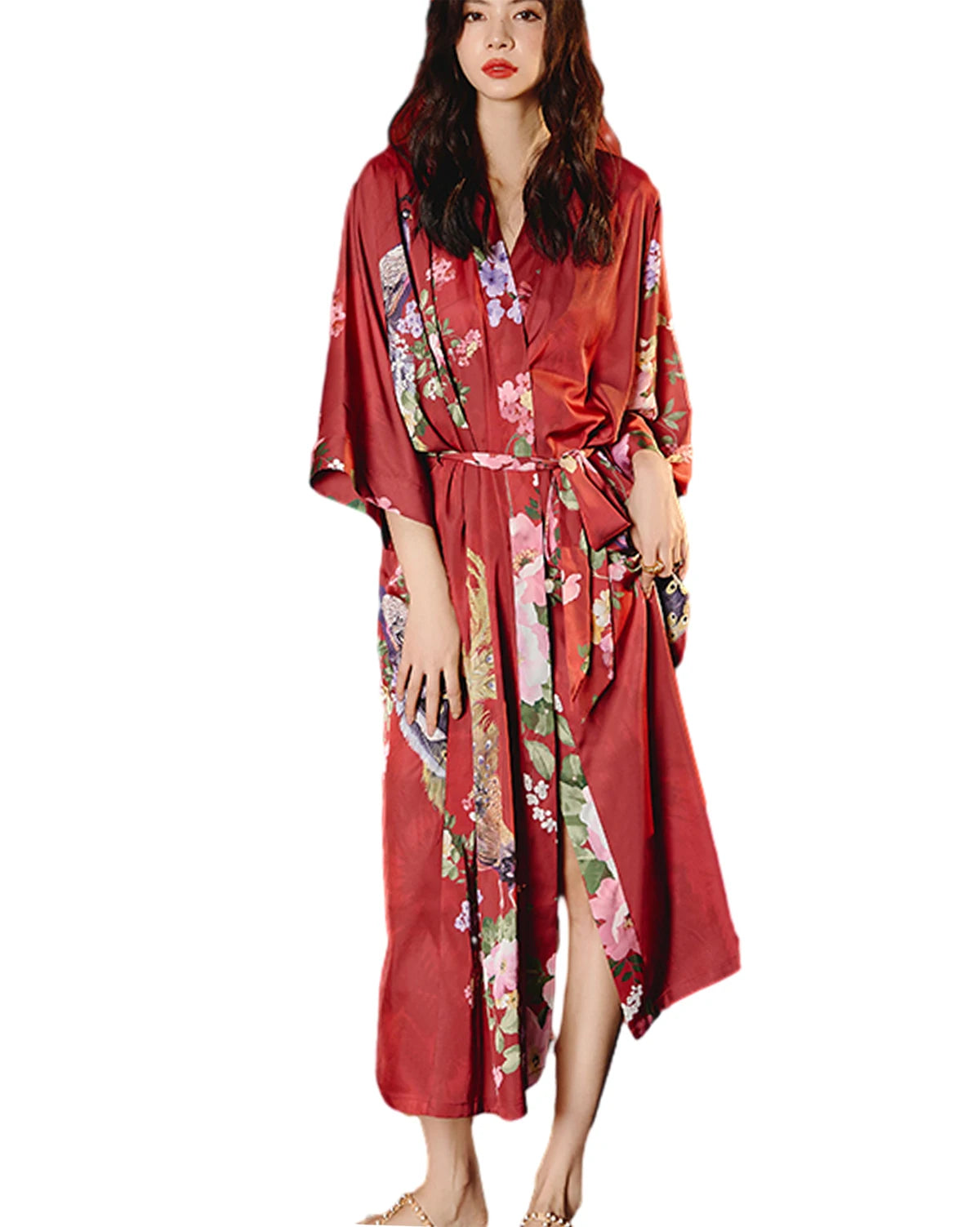 Women's Long Silk Satin Kimono Robe - Lightweight & Soft