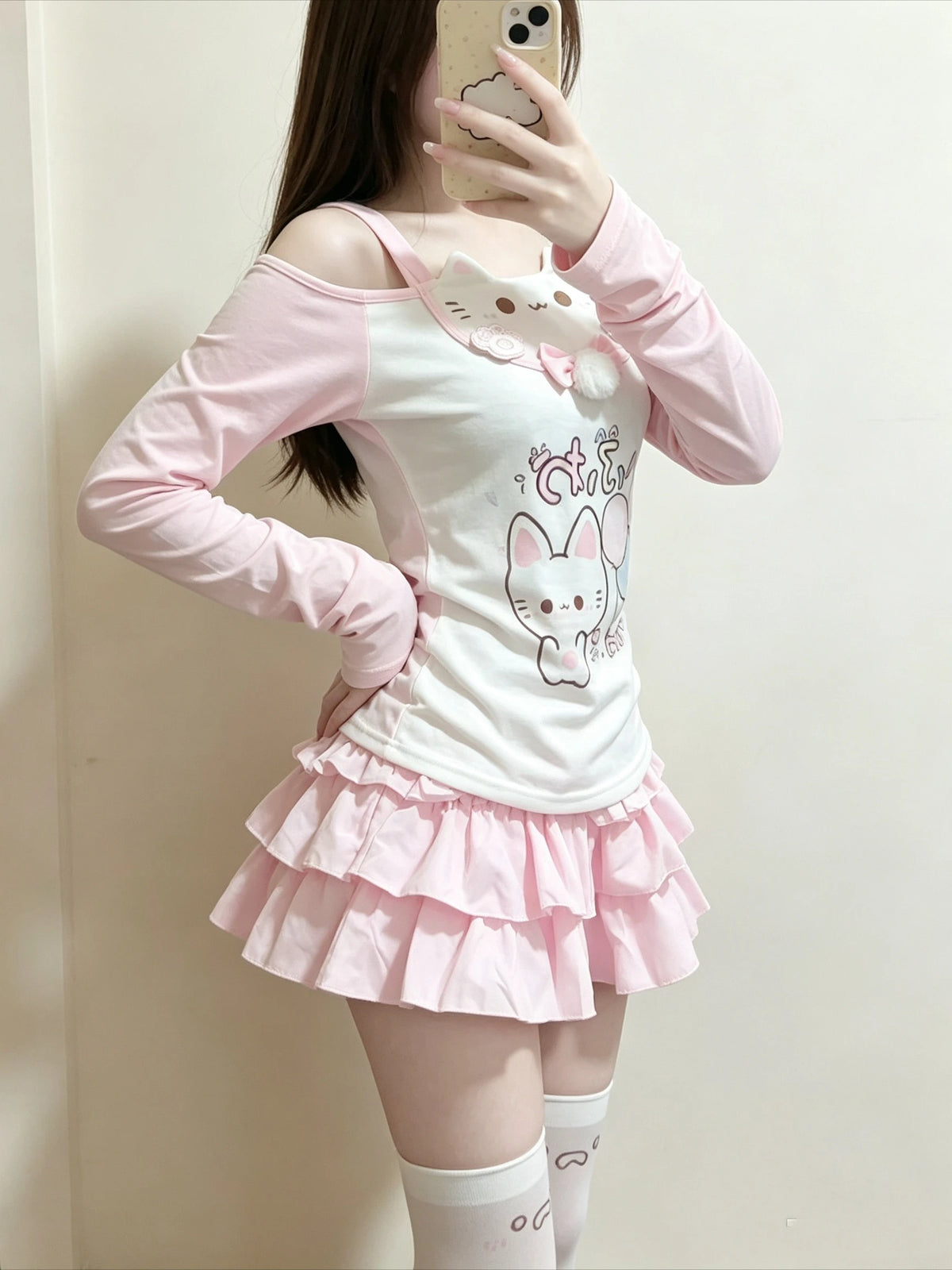 Sweet Japanese T-shirts Women's Clothing Pink Butterfly Patchwork Lace Slash Neck Tees Anime Print Off Shoulder Cute Y2k Tops