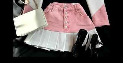 Fashion Trendy Leather Suit Twopiece Set Women Y2k Harajuku Gothic Heart Shaped Short Jacket Denim Splicing Sexy Miniskirt Suit SS69 35.69 Skirt3 / S