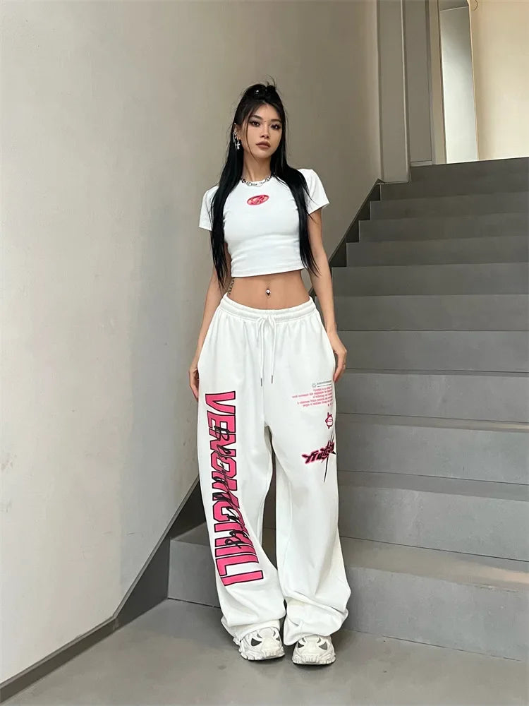 Korean Y2K Streetwear White Jogging Sweatpants Women Harajuku Sports Pants Oversized Hip Hop Letter Wide Leg Trousers - SS69