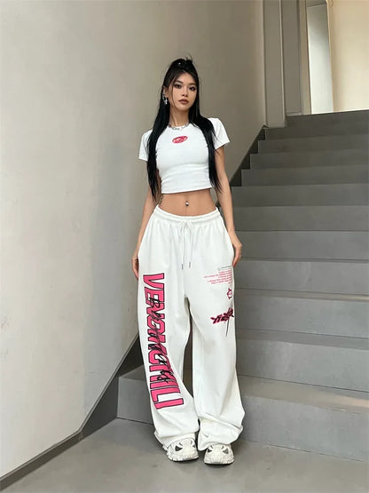 Korean Y2K Streetwear White Jogging Sweatpants Women Harajuku Sports Pants Oversized Hip Hop Letter Wide Leg Trousers - SS69