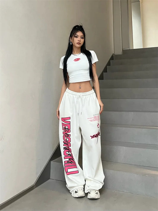 Korean Y2K Streetwear White Jogging Sweatpants Women Harajuku Sports Pants Oversized Hip Hop Letter Wide Leg Trousers - SS69